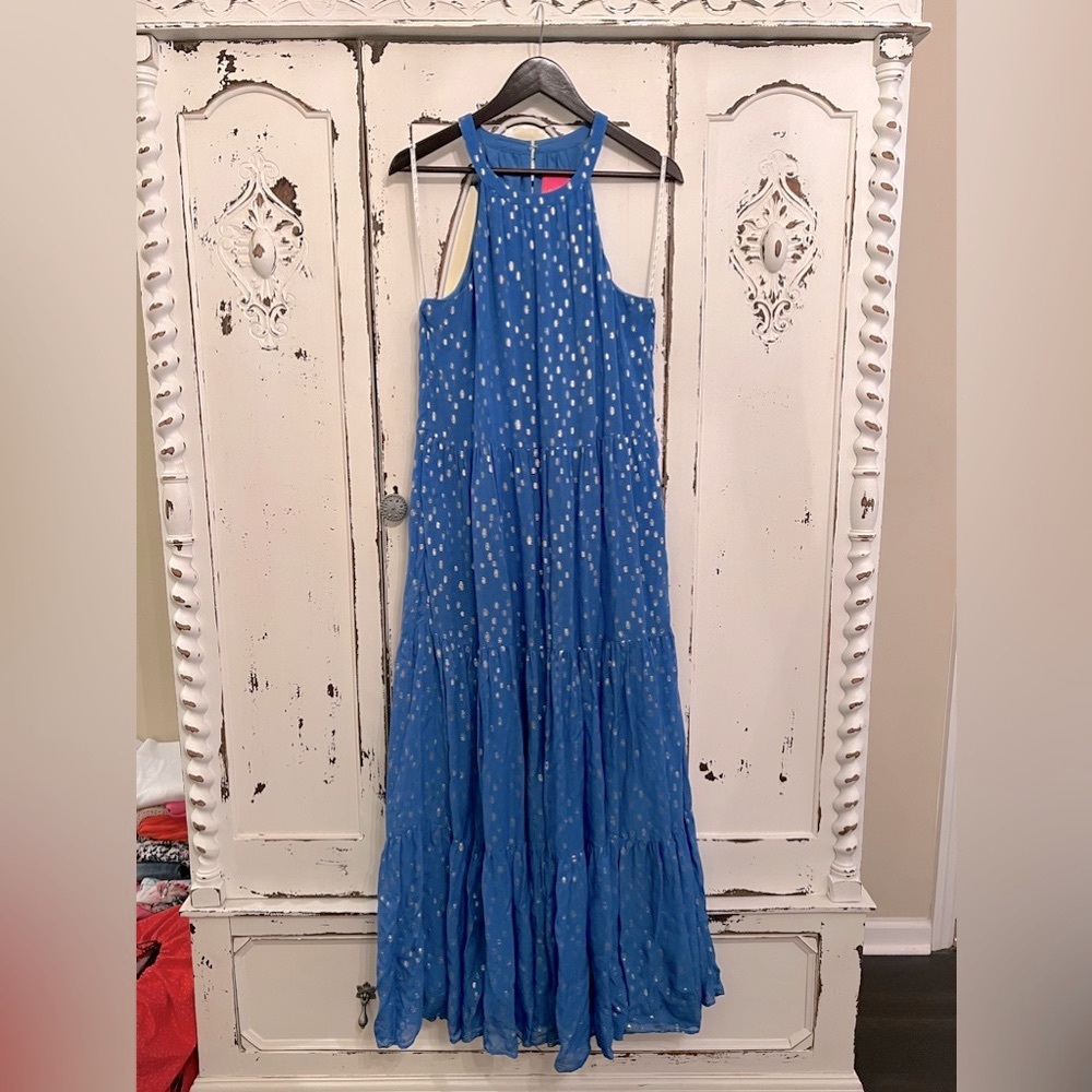 Lilly Pulitzer Beccalyn maxi dress boca blue viscose metallic clip dobby | L - Picture 2 of 15